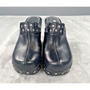 VTG Harley Davidson Black Leather Studded Wedge Clogs Mules Rhinestone Womens 5